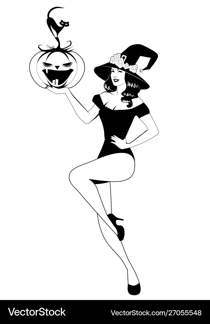 Retro Witch with Pumpkin and Cat Vector Image