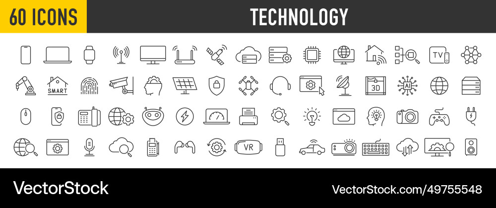 Set of 60 technology web icons in line style Set of 60 technology web icons in line style vector image