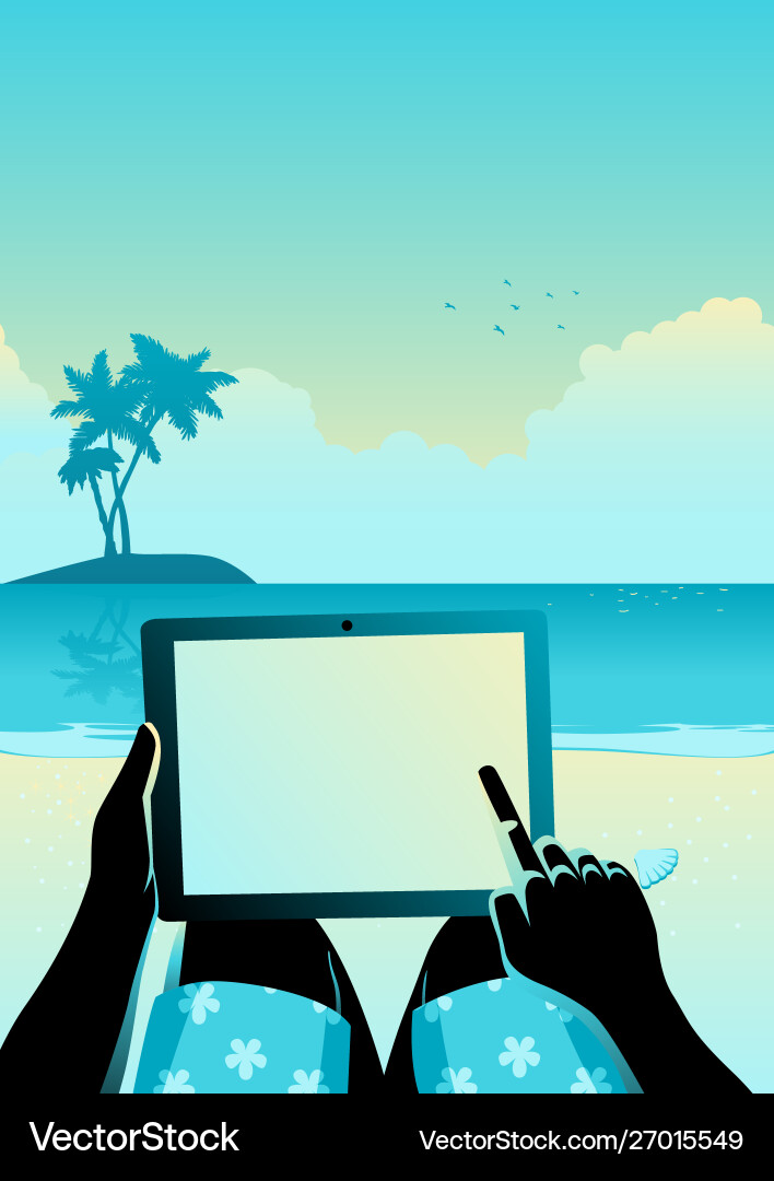 Man using tablet computer on tropical beach Vector Image