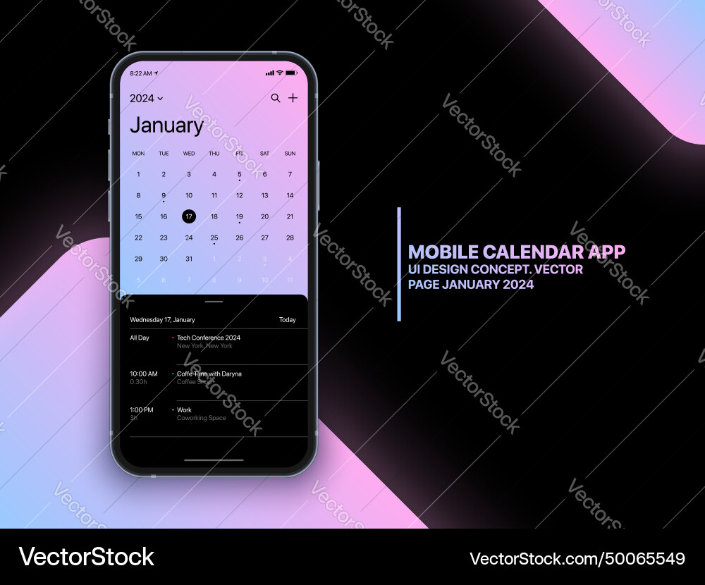 Mobile calendar app 2024 with to do list Mobile calendar app 2024 with to do list vector image