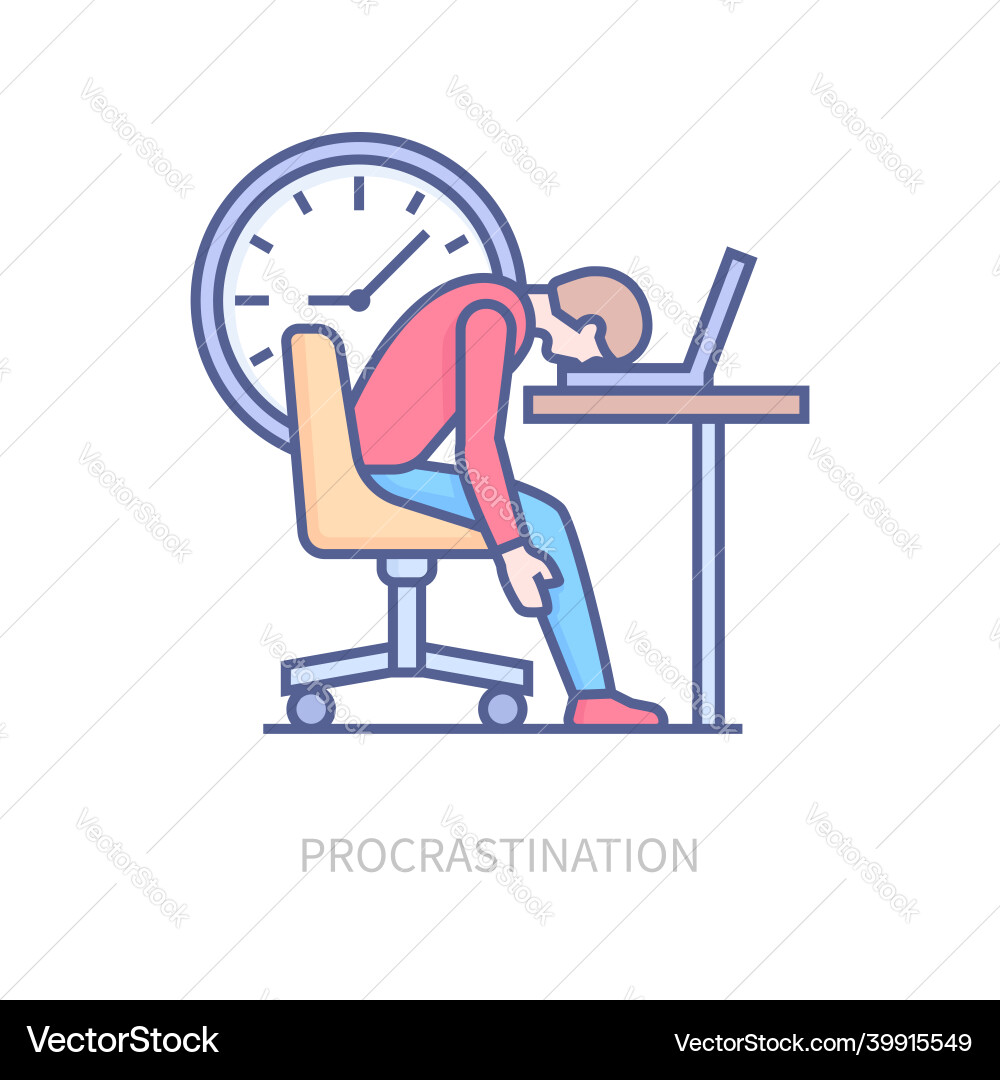 Procrastination - Tired Man at Desk Vector Image