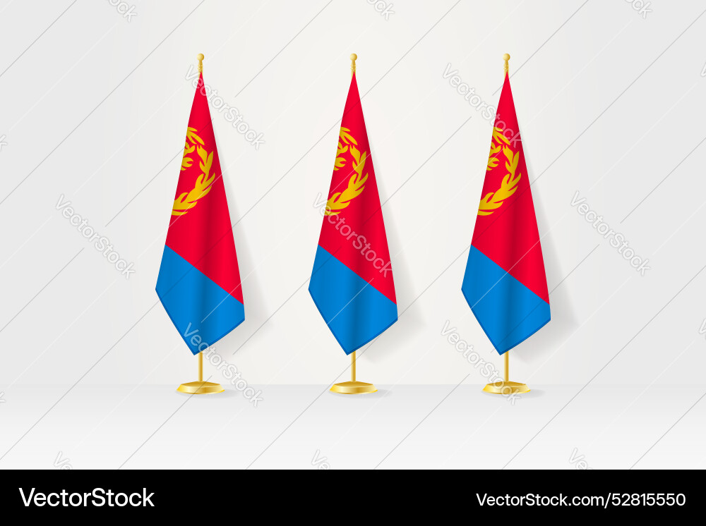 Three eritrea flags in a row on golden stand vector image