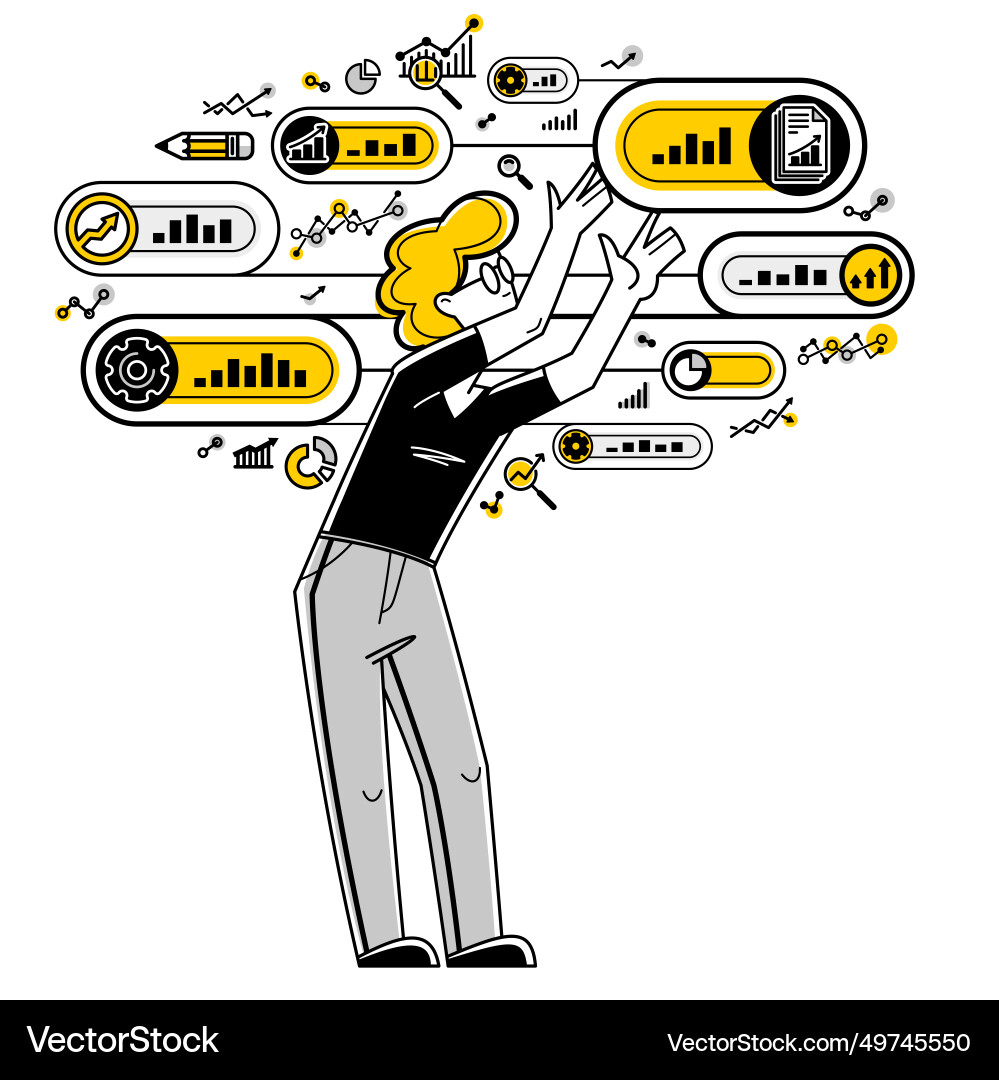 Worker analyzes some data and systematizing Worker analyzes some data and systematizing Vector Image