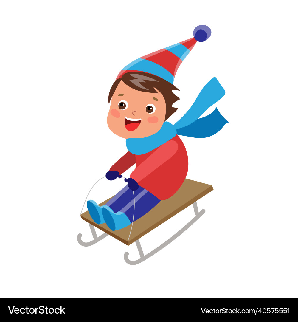Cheerful teen boy on sled having fun Cheerful teen boy on sled having fun vector image