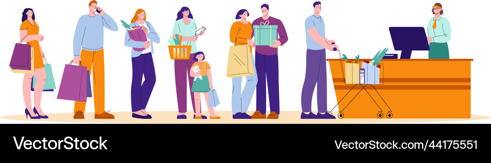 Supermarket queue to cashier store waiting line Supermarket queue to cashier store waiting line vector image