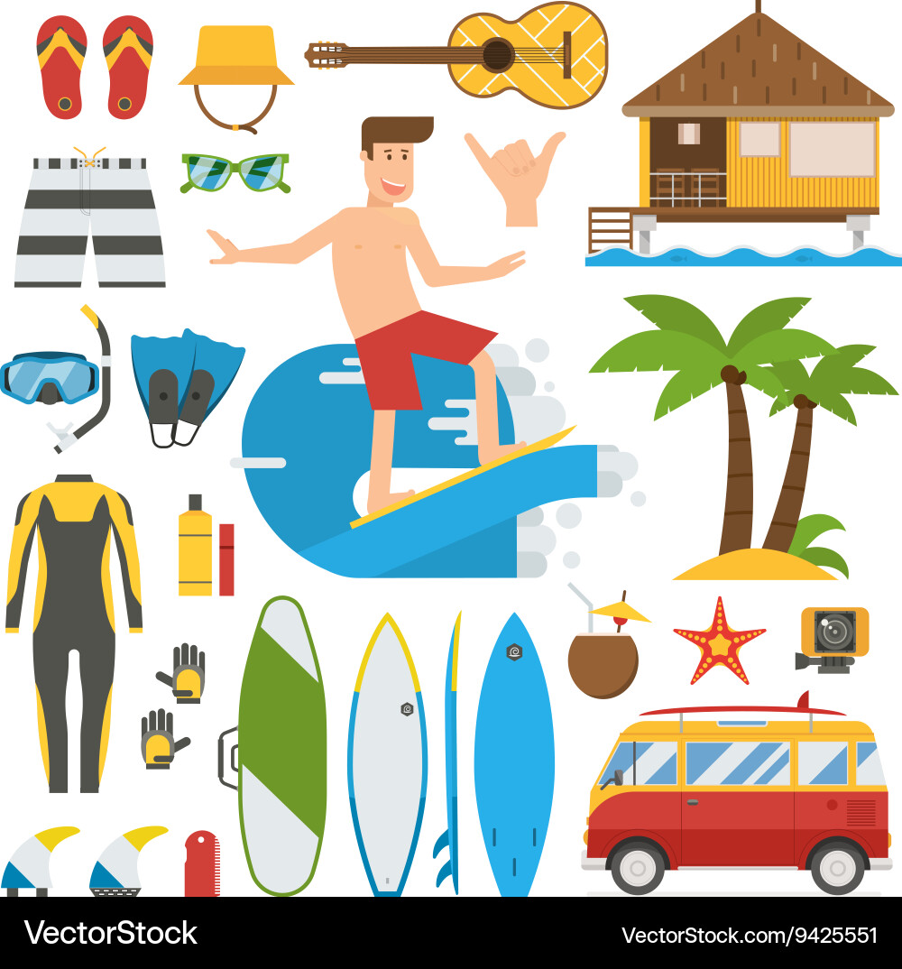 Surfing time elements set Royalty Free Vector Image