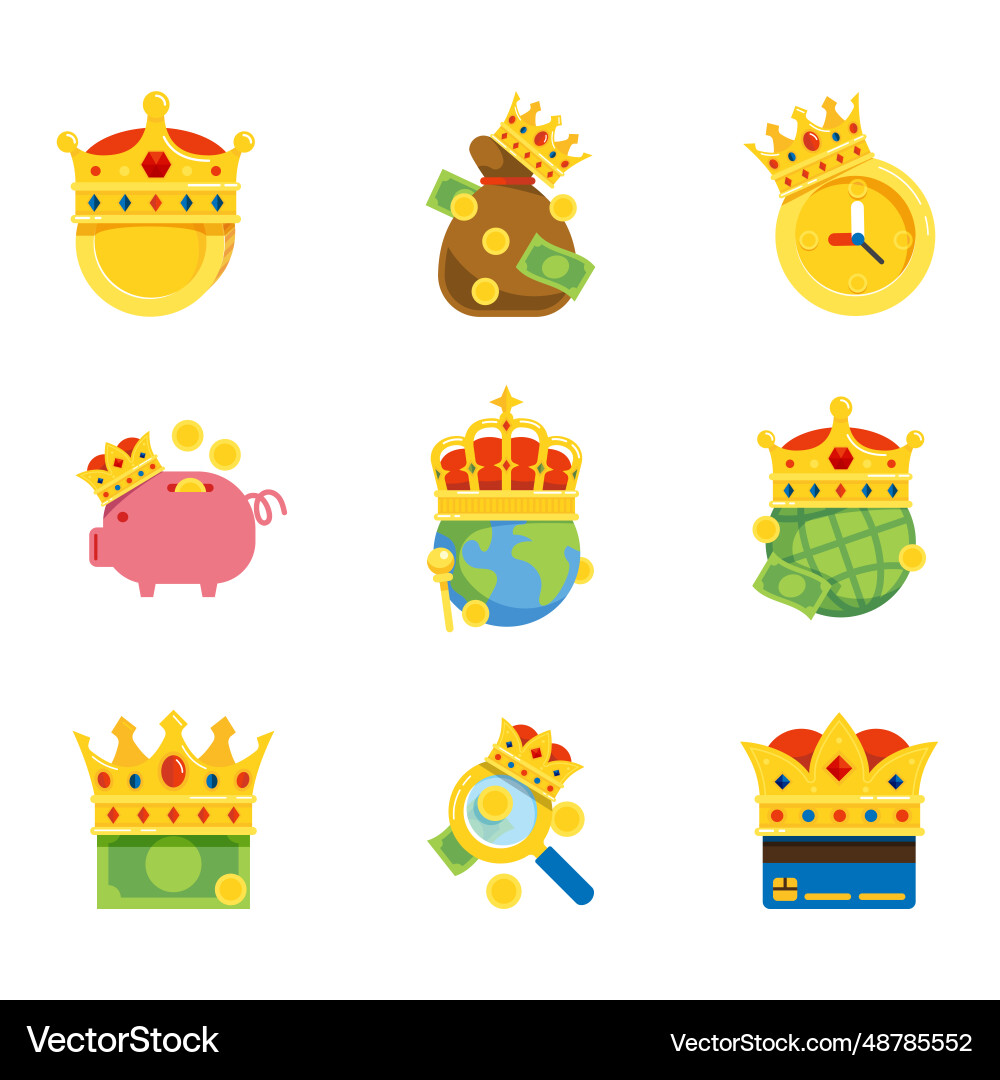 Golden coin business king crown concept icons set Golden coin business king crown concept icons set vector image