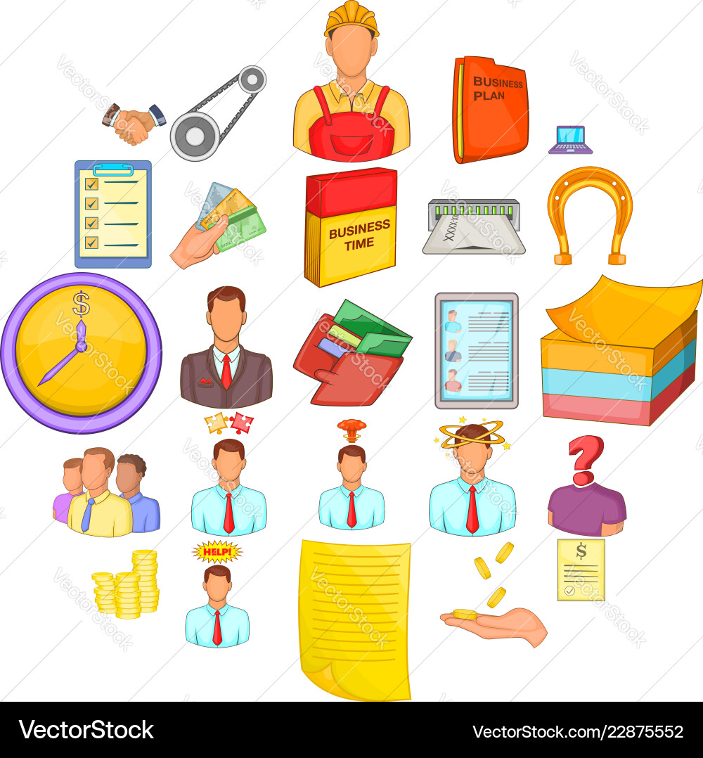 Hard work icons set cartoon style Hard work icons set cartoon style vector image