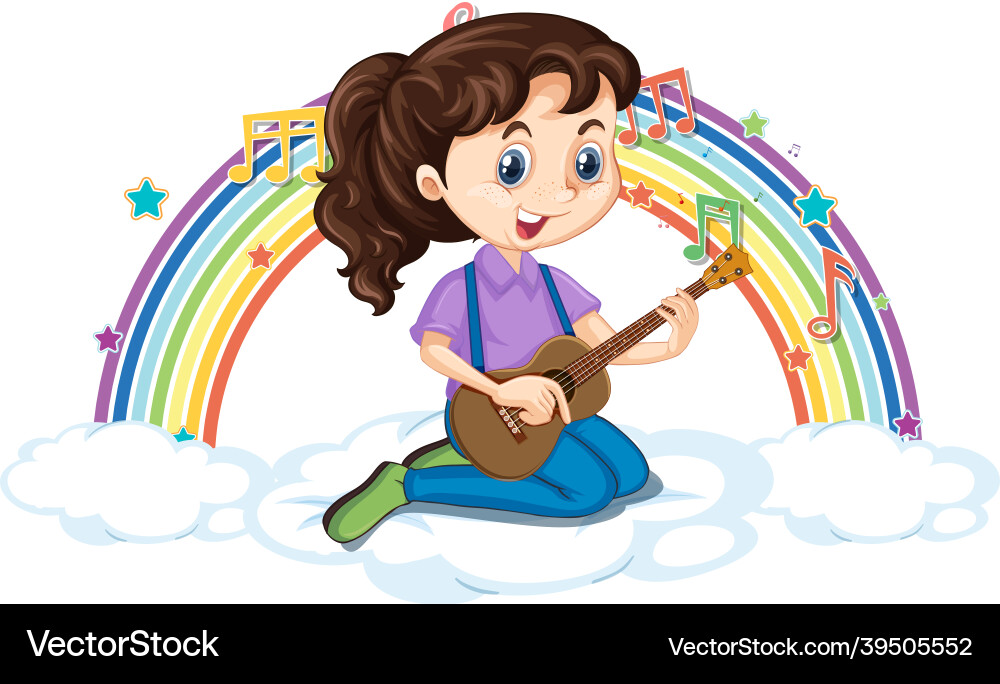 Mädchen mit Gitarre in einer Regenbogenwolke Vektorbild