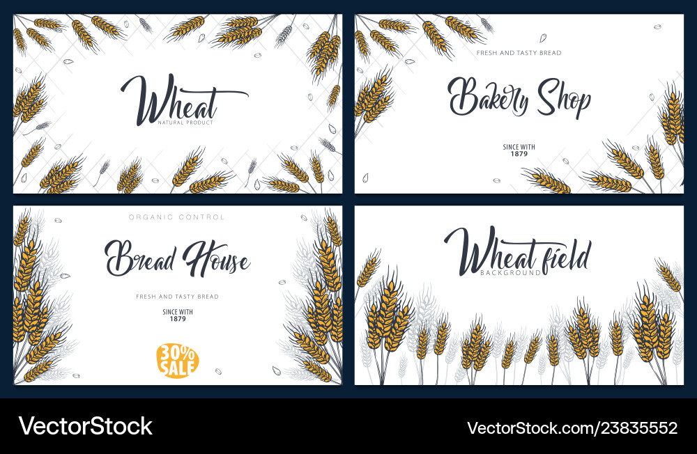 Set of bakery backgrounds with wheats linear Set of bakery backgrounds with wheats linear vector image