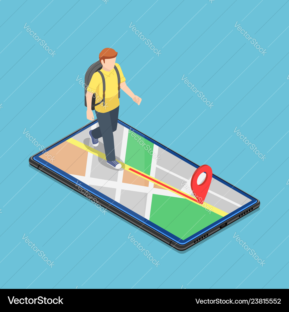 Traveler Using Map App - Isometric Vector Image