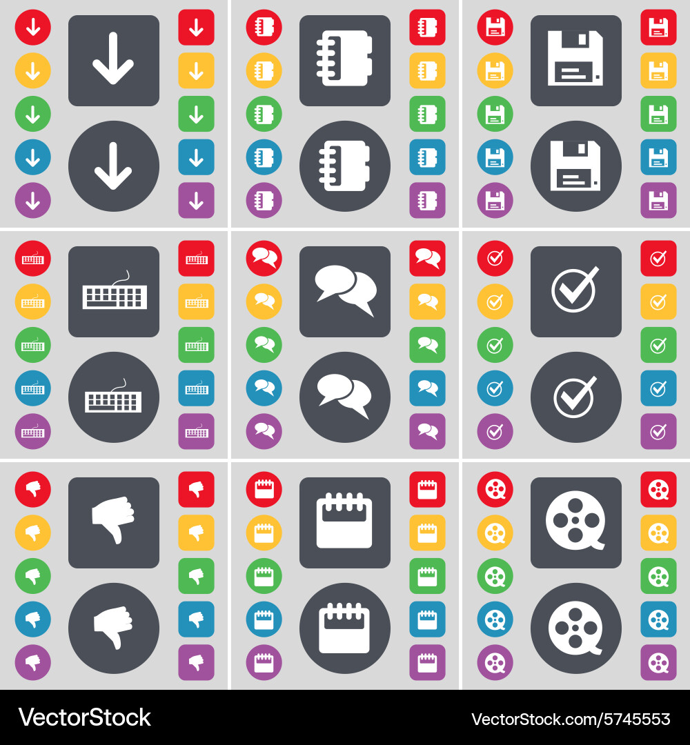 Arrow down notebook floppy keyboard chat tick Vector Image