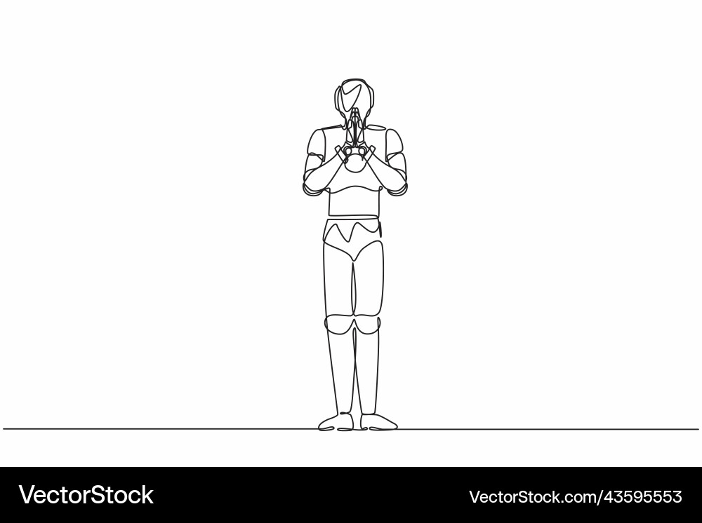 Single continuous line drawing robot holding Vector Image