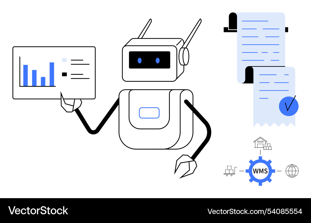 Friendly robot presenting data charts Vector Image