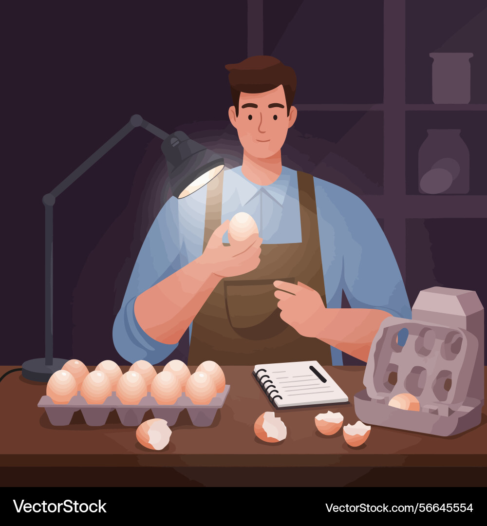 Man inspecting egg quality in dark setting Vector Image