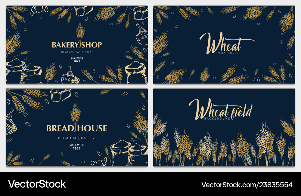 Set of bakery backgrounds with wheats linear Set of bakery backgrounds with wheats linear Vector Image