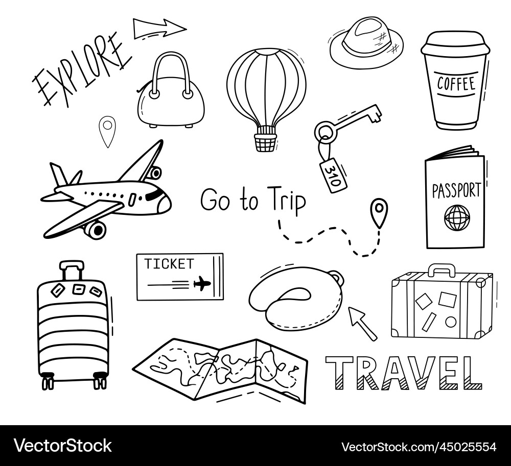 Travel Doodle Icons - Adventure Trip Vector Image