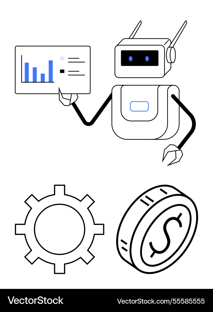 Robot presenting data analytics with chart gear Robot presenting data analytics with chart gear vector image