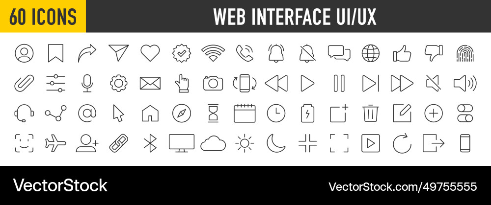 Set of 60 interface ui ux web icons in line style Vector Image