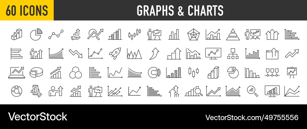 Set of 60 graph and charts web icons in line Vector Image