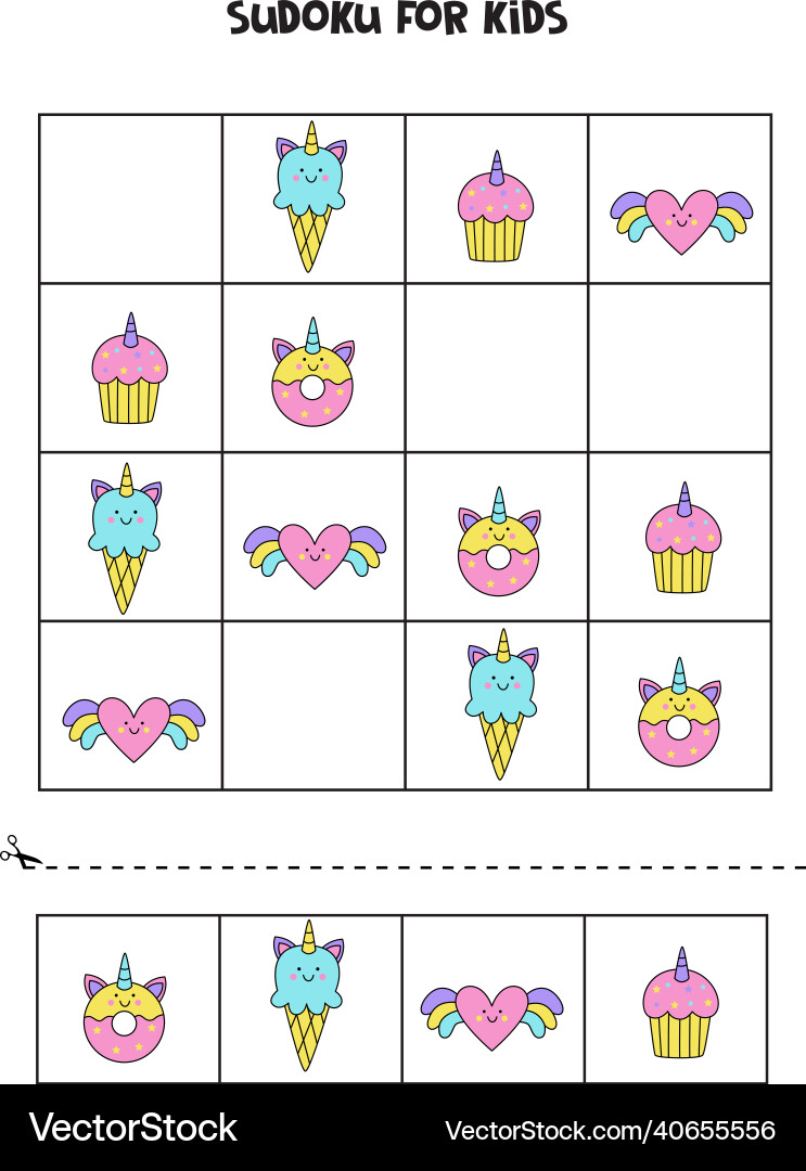 Sudoku game with unicorn elements for girls Vector Image