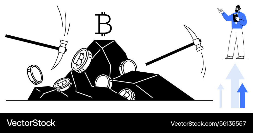 Bitcoin mining process with tools and rising Bitcoin mining process with tools and rising vector image