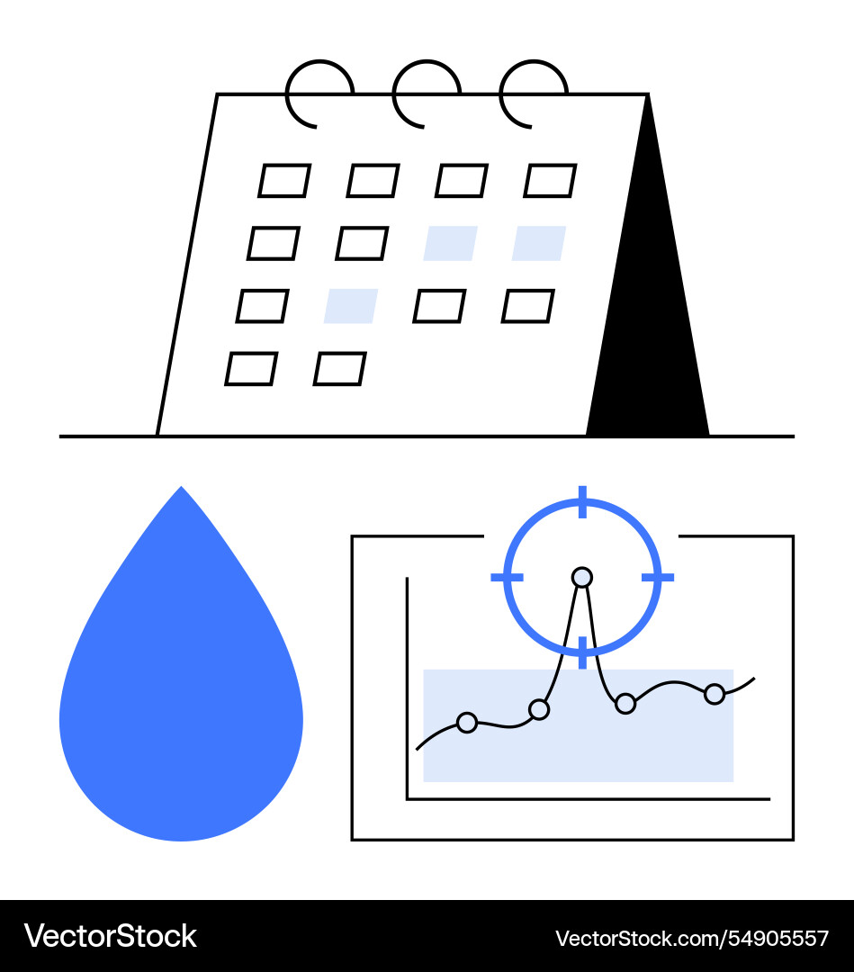 Calendar blue droplet and data graph with target Calendar blue droplet and data graph with target vector image