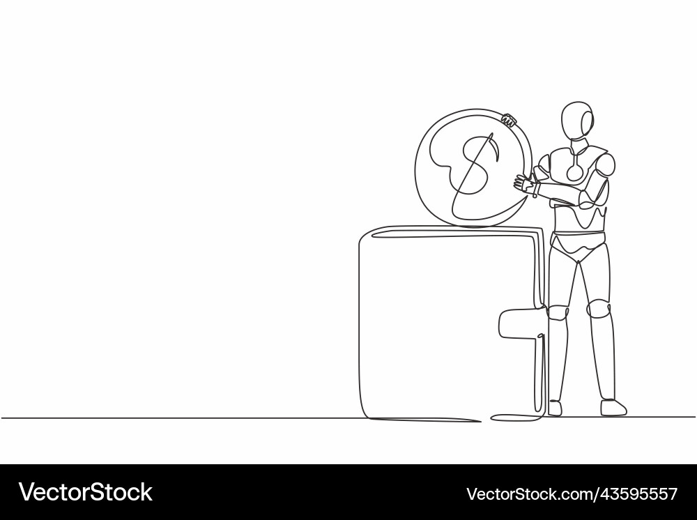 Continuous one line drawing robot putting dollar Continuous one line drawing robot putting dollar Vector Image