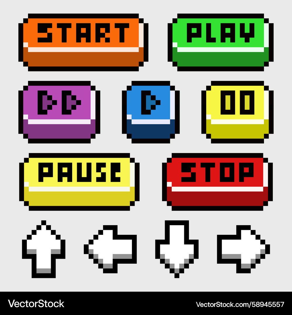 Pixel game buttons pack a start play pause Pixel game buttons pack a start play pause Vector Image
