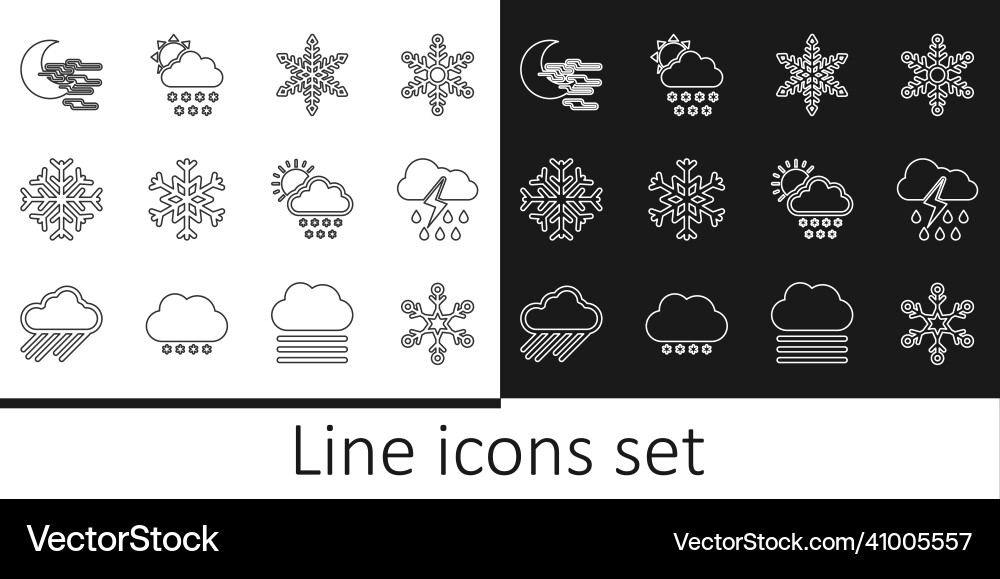 Set line snowflake cloud with rain and lightning Set line snowflake cloud with rain and lightning Vector Image