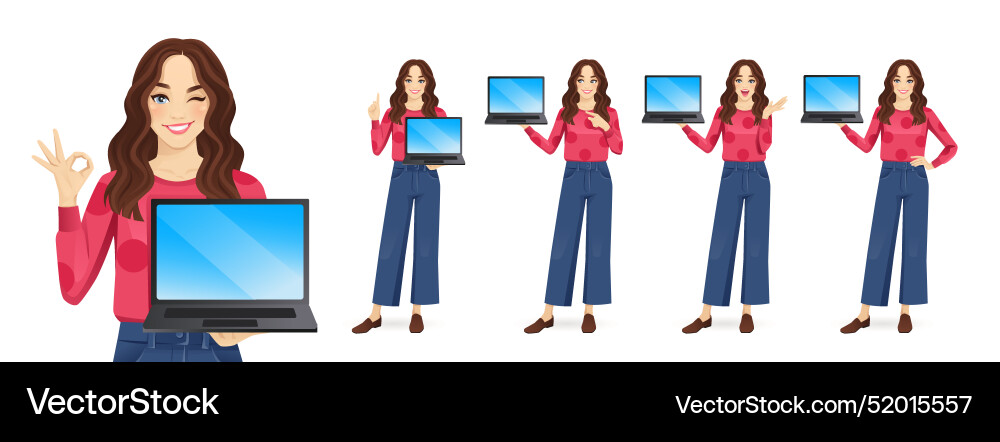 Woman showing laptop Woman showing laptop Vector Image