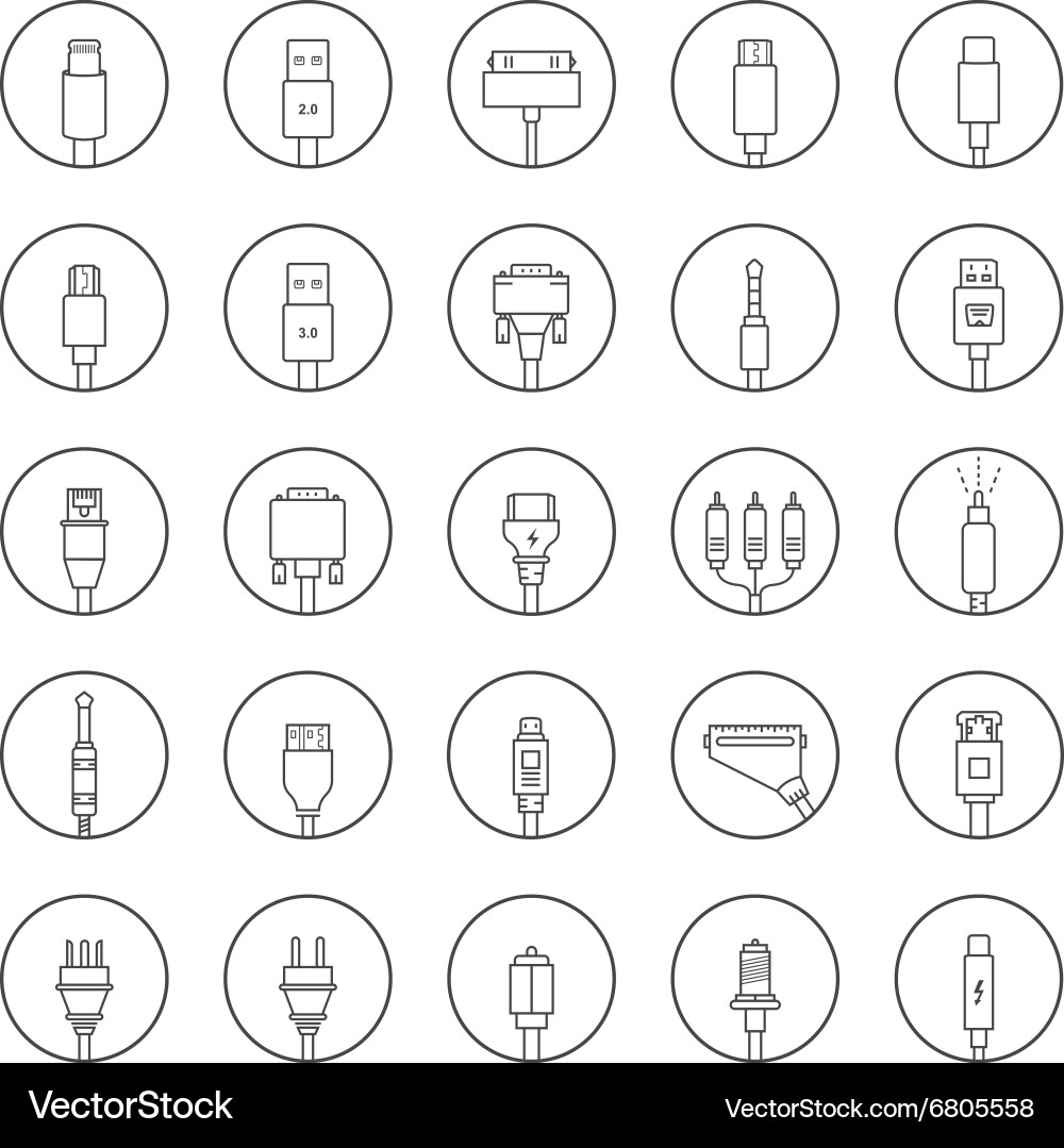 Connector Icons - USB, Type-C, Lightning vector image
