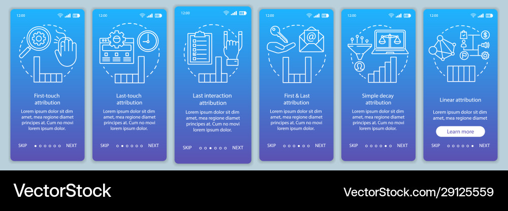 Attribution modeling types onboarding mobile app Vector Image