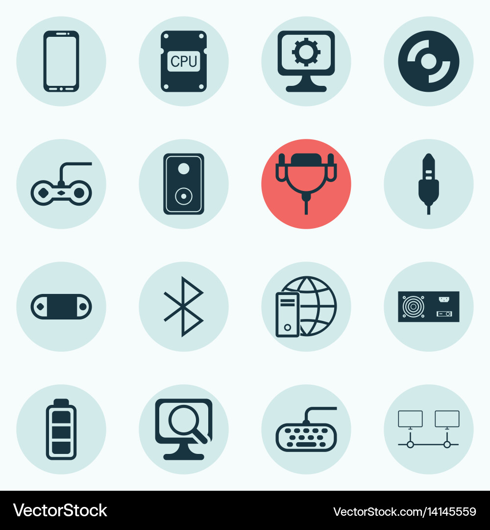 Set of 16 computer hardware icons includes audio Vector Image