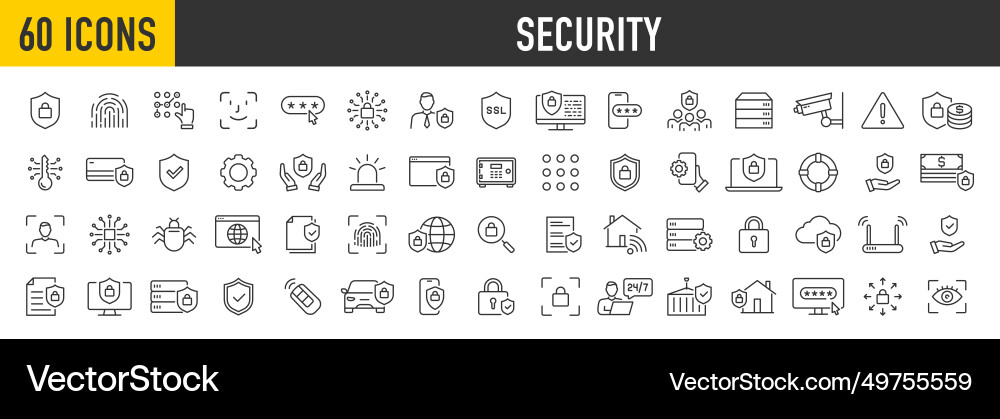 Set of 60 security web icons in line style guard Set of 60 security web icons in line style guard Vector Image
