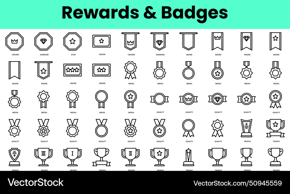 Set of rewards and badges icons linear style icon Set of rewards and badges icons linear style icon vector image