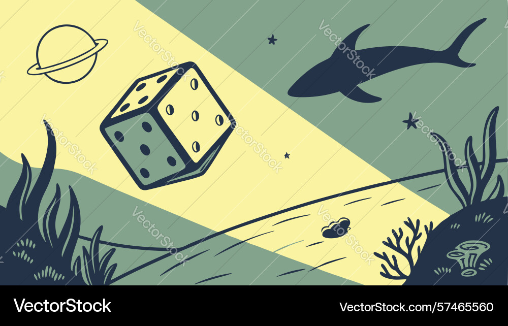 Abstract ocean scene with floating dice and shark vector image