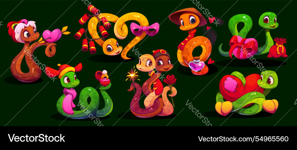 Cartoon asian snake characters with love feelings Cartoon asian snake characters with love feelings vector image