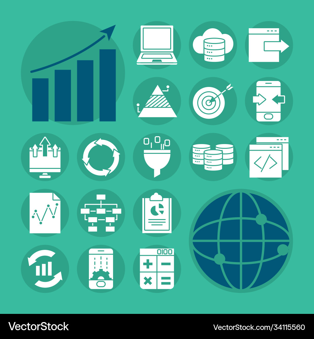 Global network and data analysis icon set Vector Image