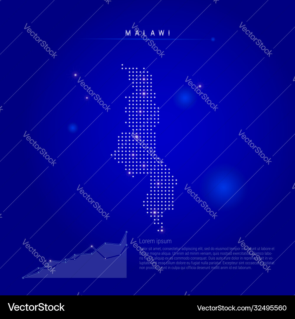 Malawi illuminated map with glowing dots dark Malawi illuminated map with glowing dots dark Vector Image