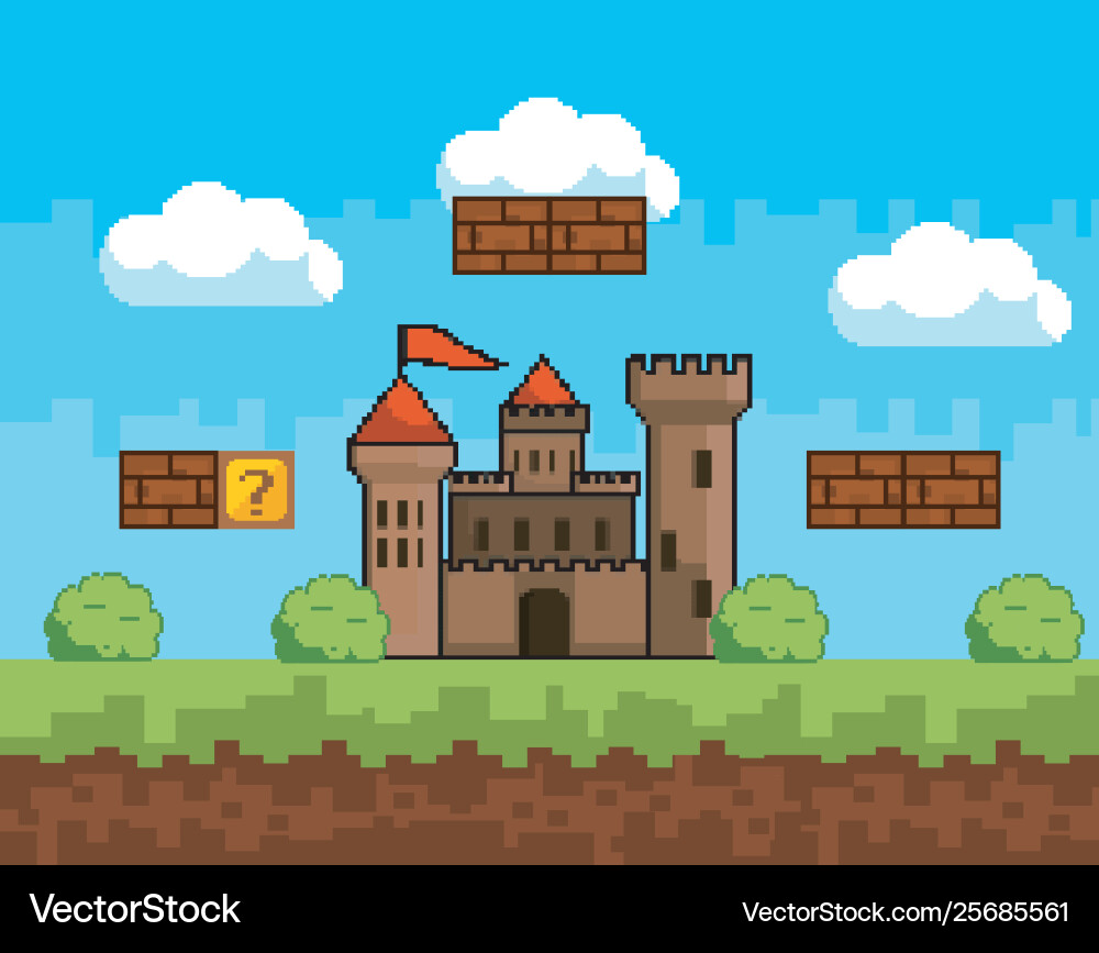 Arcade game world and pixel scene design Vector Image