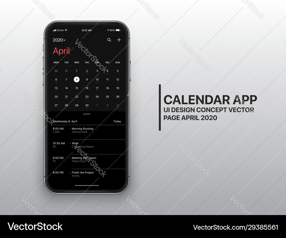 Design template dark mode calendar app ui ux Design template dark mode calendar app ui ux vector image