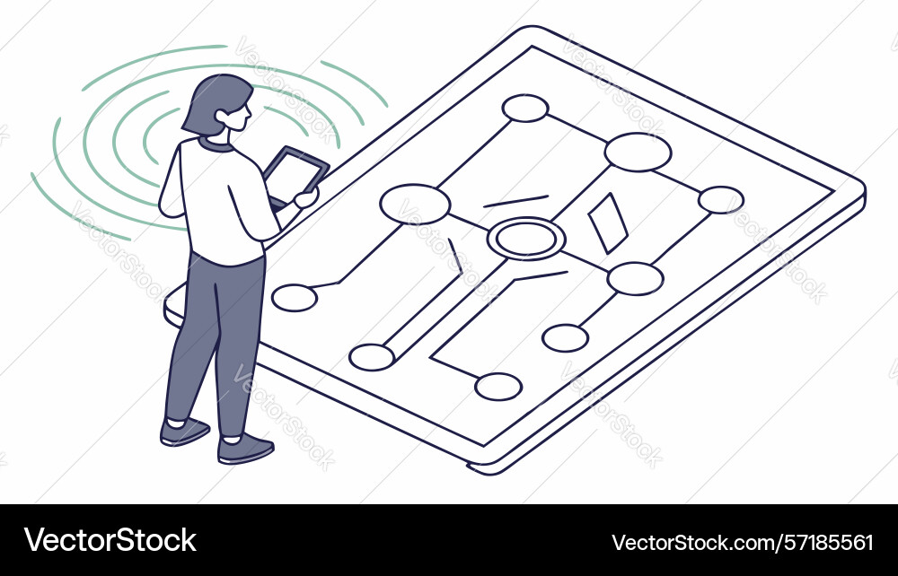 Person interacting with data flow and network vector image
