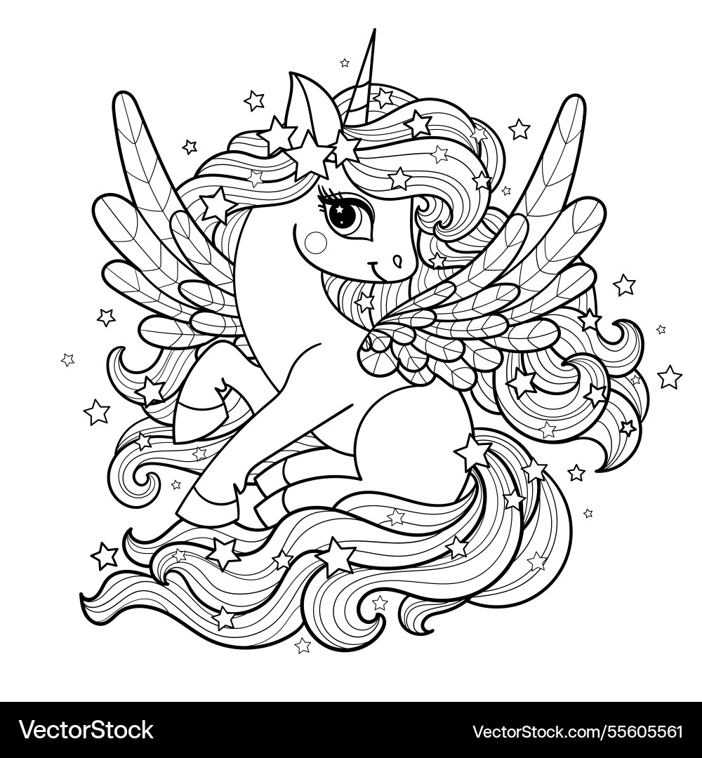 Unicorn with a long mane and tail black white Unicorn with a long mane and tail black white Vector Image