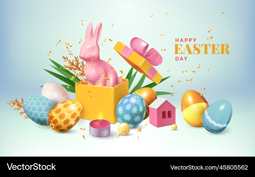 3d easter eggs gift box with cute bunny happy 3d easter eggs gift box with cute bunny happy vector image