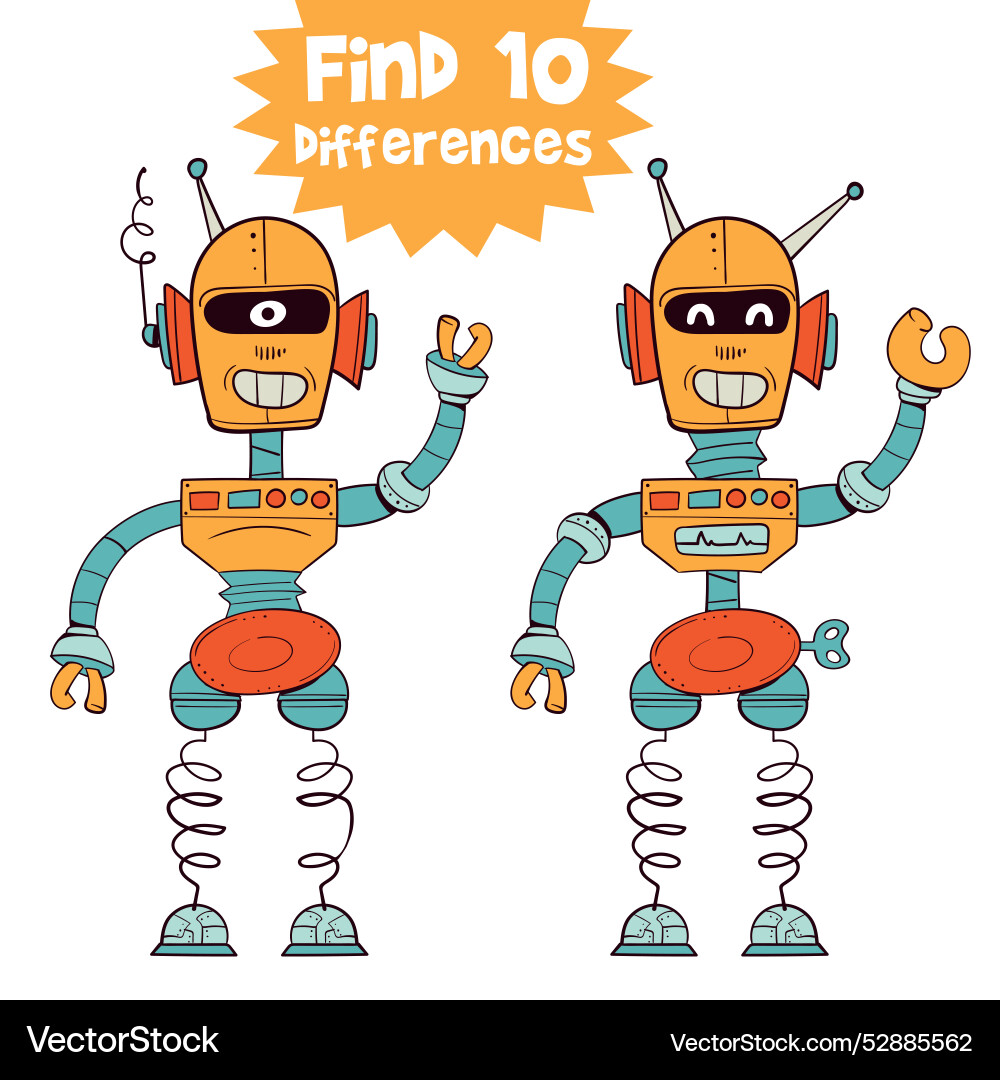 Find 10 differences in the picture retro robot Vector Image