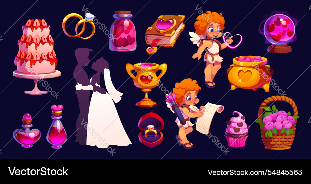 Valentine day characters and love wedding symbols Valentine day characters and love wedding symbols vector image