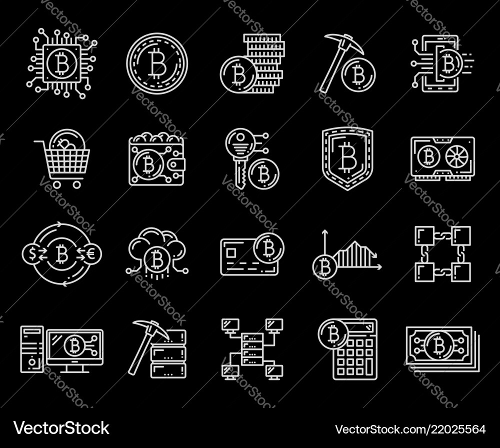 Bitcoin cryptocurrency and mining icons Bitcoin cryptocurrency and mining icons vector image