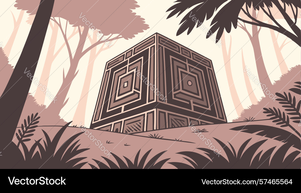 Mysterious stone cube in an abstract forest vector image