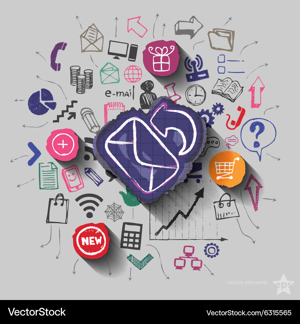 Envelope and collage with web icons background Vector Image
